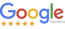 Google Reviews logo with five gold stars underneath, indicating a high rating.