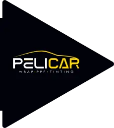 A logo for "PELICAR" featuring a stylized yellow car outline above the brand name in white and yellow text, with "WRAP • PPF • TINTING" written below in smaller font. The background is black with a triangular shape extending to the right.