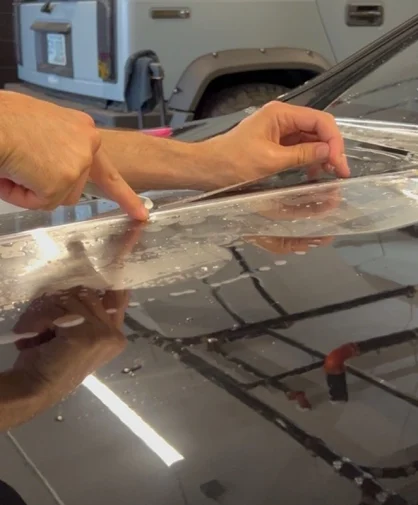 A close-up of a person applying paint protection film on a car's roof, pointing at the film with one hand.